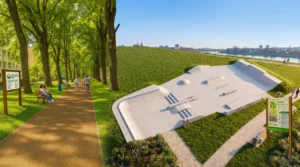 Wizualizacja nowoczesnego betonowego skateparku wkomponowanego w zieloną skarpę przy zadrzewionej alei spacerowej na wrocławskiej Wielkiej Wyspie